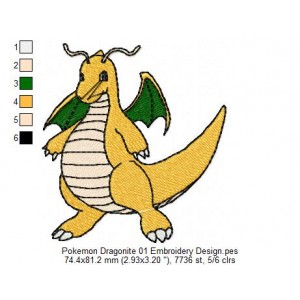 Pokemon Dragonite 01 Embroidery Design